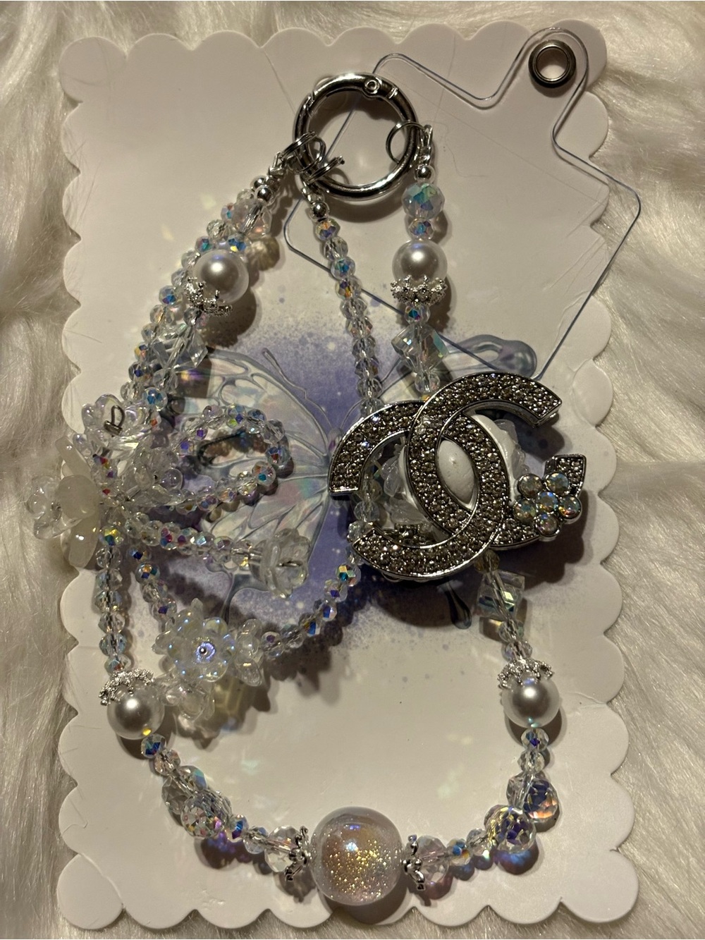 Crystal Beaded Designer Inspired Keychain Charm with Interlocking Logo Pendant
